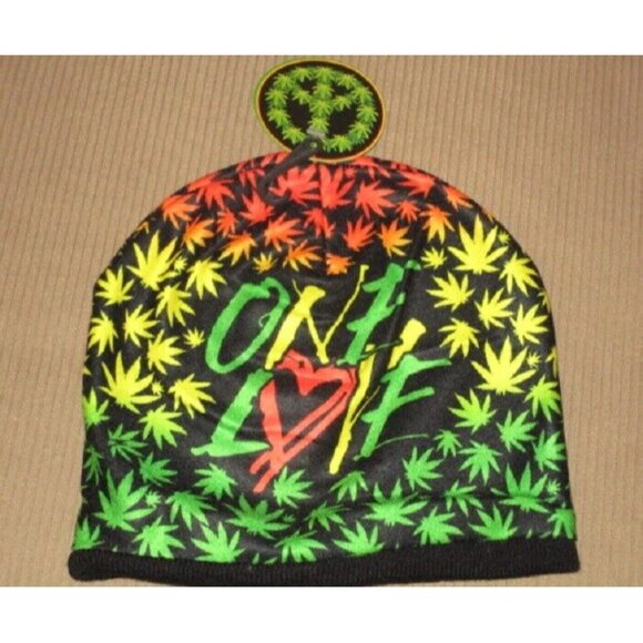 New Rasta One Love Hat Adult Gift Beanie Winter Pot Leaves Marijuana Soft Warm - Picture 3 of 3